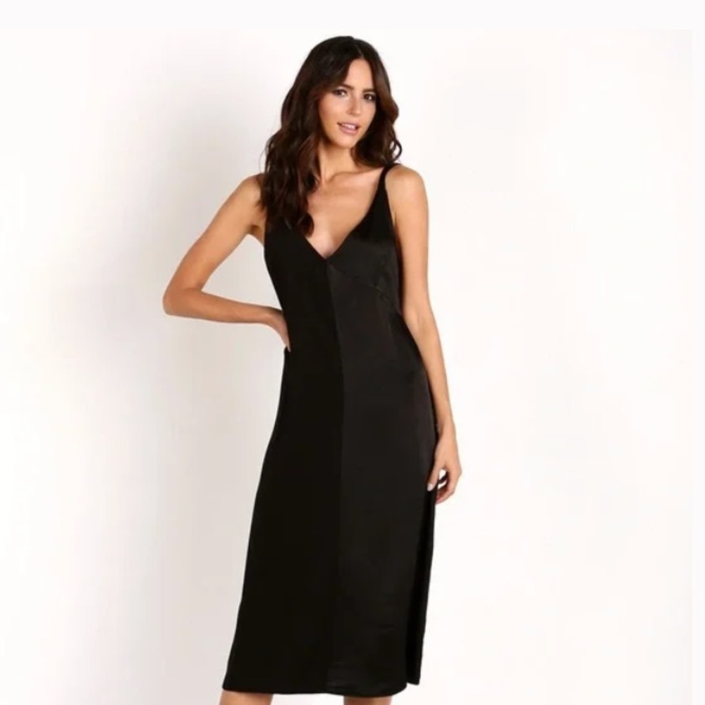 LACAUSA Dual-Tone Black Satin Midi Dress, Size Small— NEVER WORN!